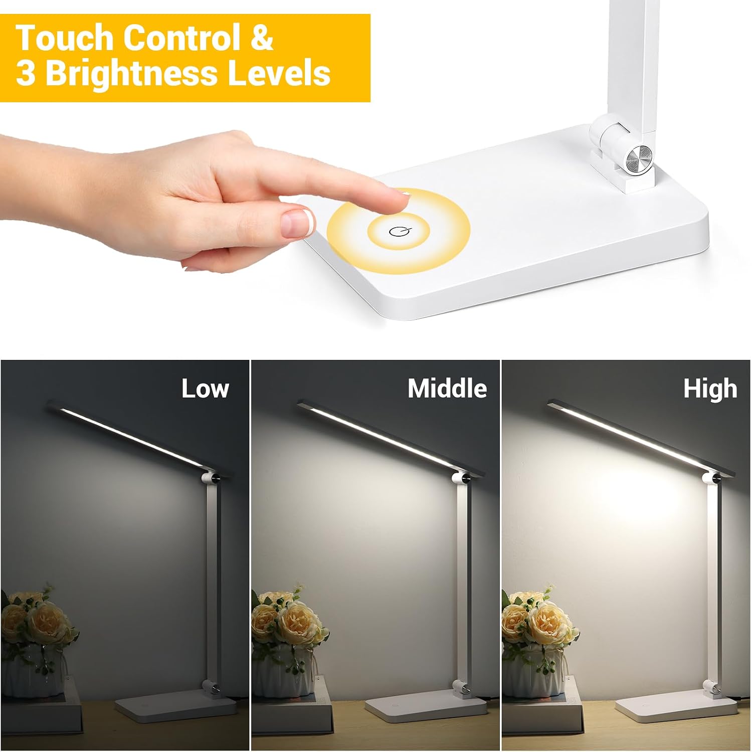 LED Desk Lamp for Home Office, 3 Levels Dimmable Desk Light with USB Charging Port, Reading Lamp for Table Study Work Office Nail Craft Puzzle, White, 5000K