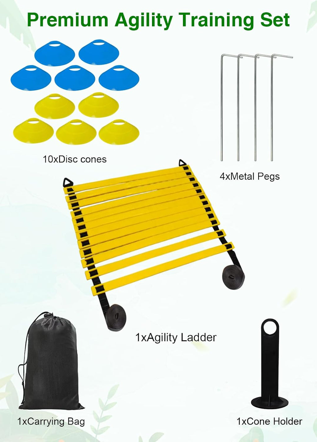 Hands Free Speed Agility Training Equipment Set - 20ft Agility Ladder, 10 Disc Cones, Resistance Parachute, 5 Resistance Bands & Carry Bag | Football Soccer Basketball Fitness Drills