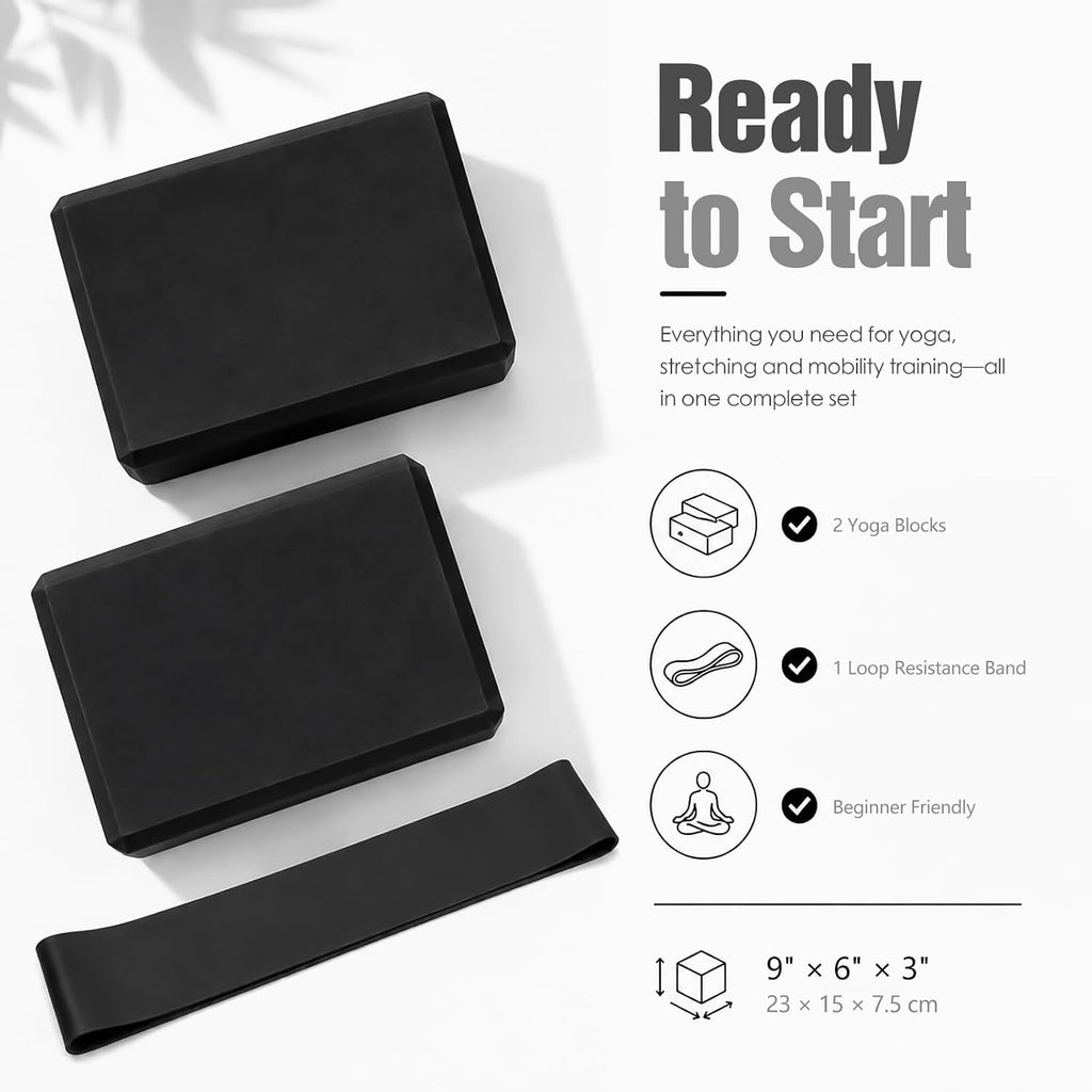 Yoga Blocks 2 Pack, Foam Yoga Block Set with Loop Resistance Band, High-Density EVA Yoga Block for Yoga, Pilates, Exercise, Stretching, Balance Training and Home Workouts
