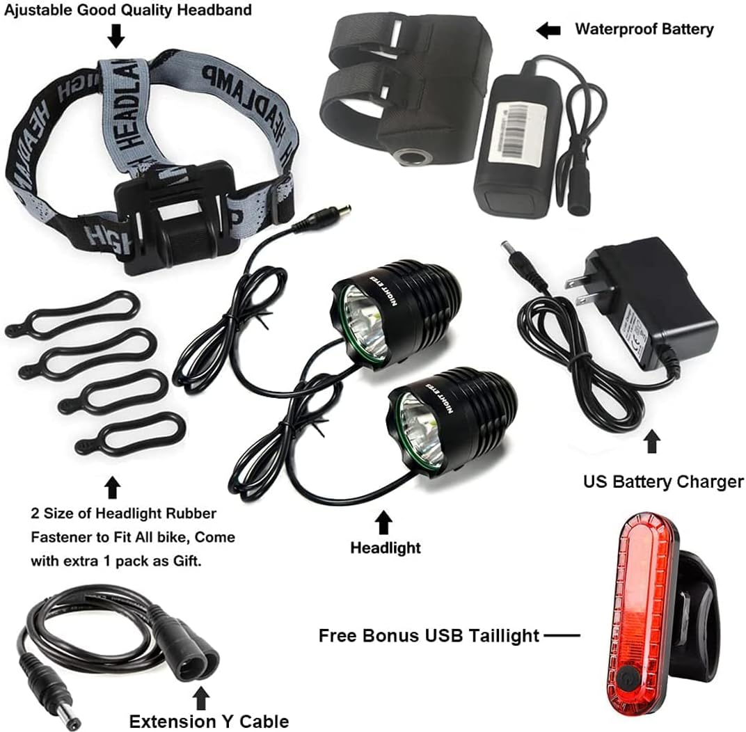 Night Eyes-2400 Lumens(1200LMx2) Mountain Bike Headlight Bike Light -Rechargeable 8.4V ABS Waterproof Battey Pack-Free USB BikeTaillight Bonus -NO Tool Required