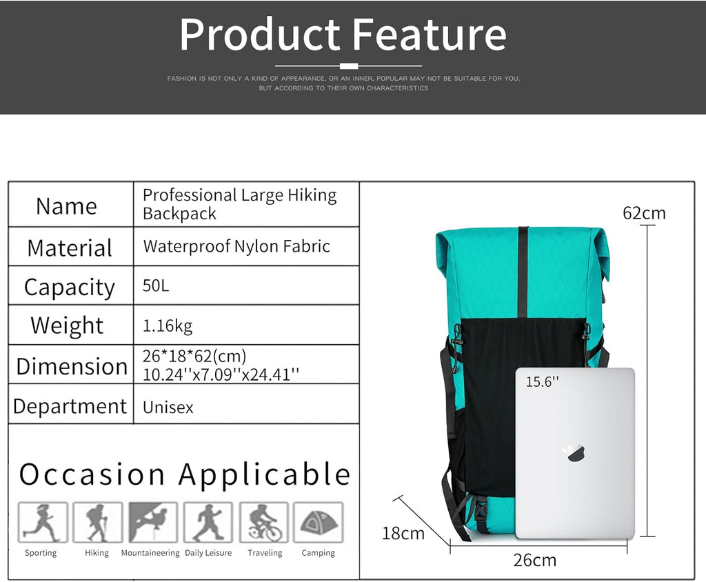 Hiking Backpack,40L to 50L Extra Large Capacity Hiking Bag,Internal Frame Camping Backpack,Upgraded X-PAC Lightweight Sport Daypack Travel Backpack Fit For Mountain Climbing Camping(Peacock Green)