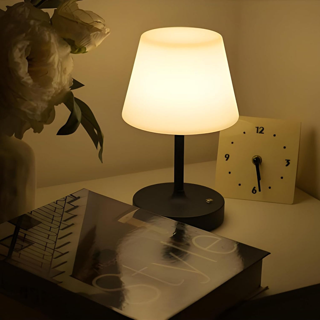 Modo LED Cordless USB-C Re-Chargeable Desk Lamp, 5200mAh Battery Operated with 3 Color Temperature 2700K-3000K-3500K and Fingertip Touch On/Off Plus Dimming in Black with White PC Shade