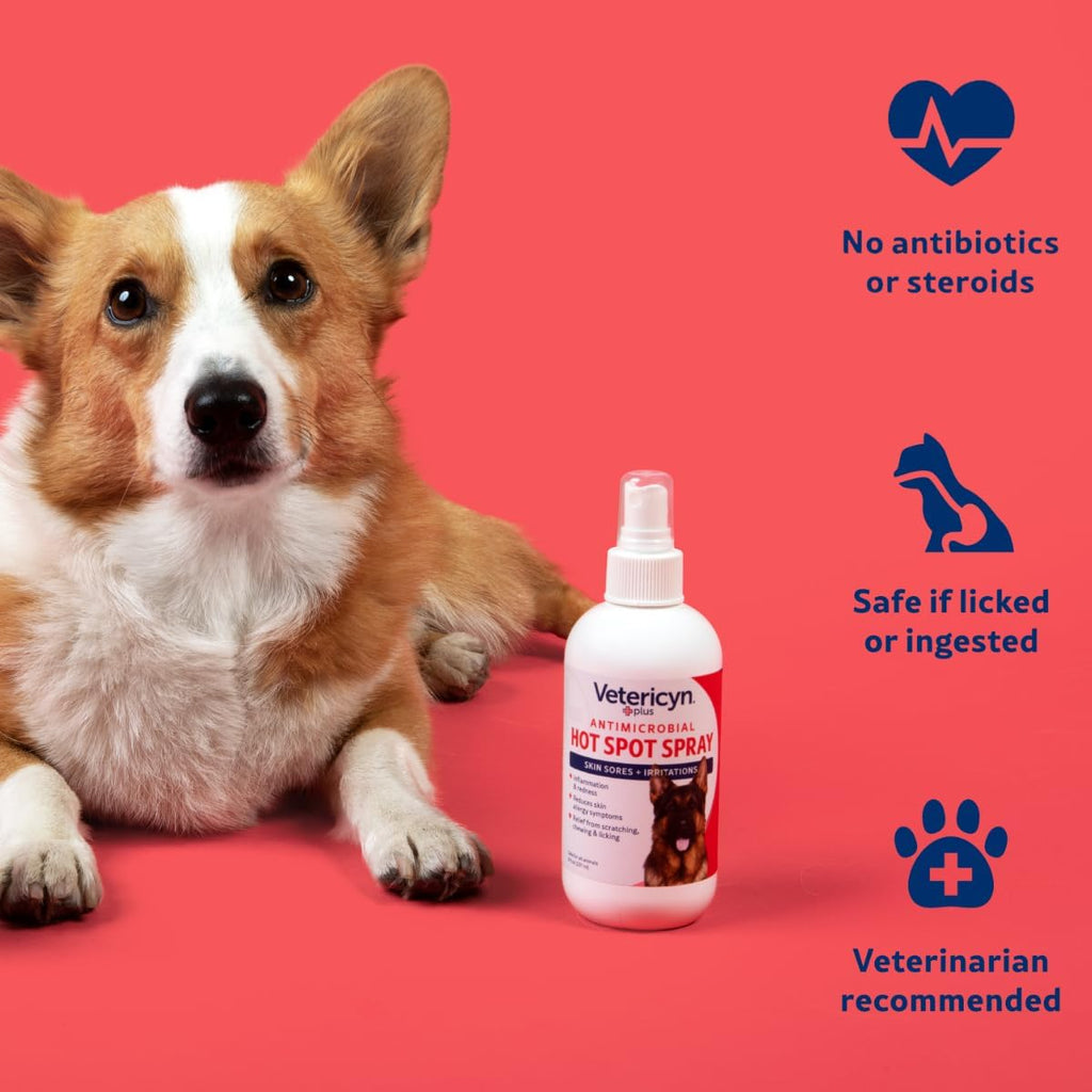 Vetericyn Plus Hot Spot Spray for Dogs Skin Sores and Irritations | Itch Relief for Dogs and Prevents Chewing and Licking at Skin, Safe for All Animals. 8 Ounces