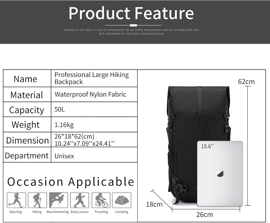 Hiking Backpack,40L to 50L Extra Large Capacity Hiking Bag,Internal Frame Camping Backpack,Upgraded X-PAC Lightweight Sport Daypack Travel Backpack Fit For Mountain Climbing Camping(Black)
