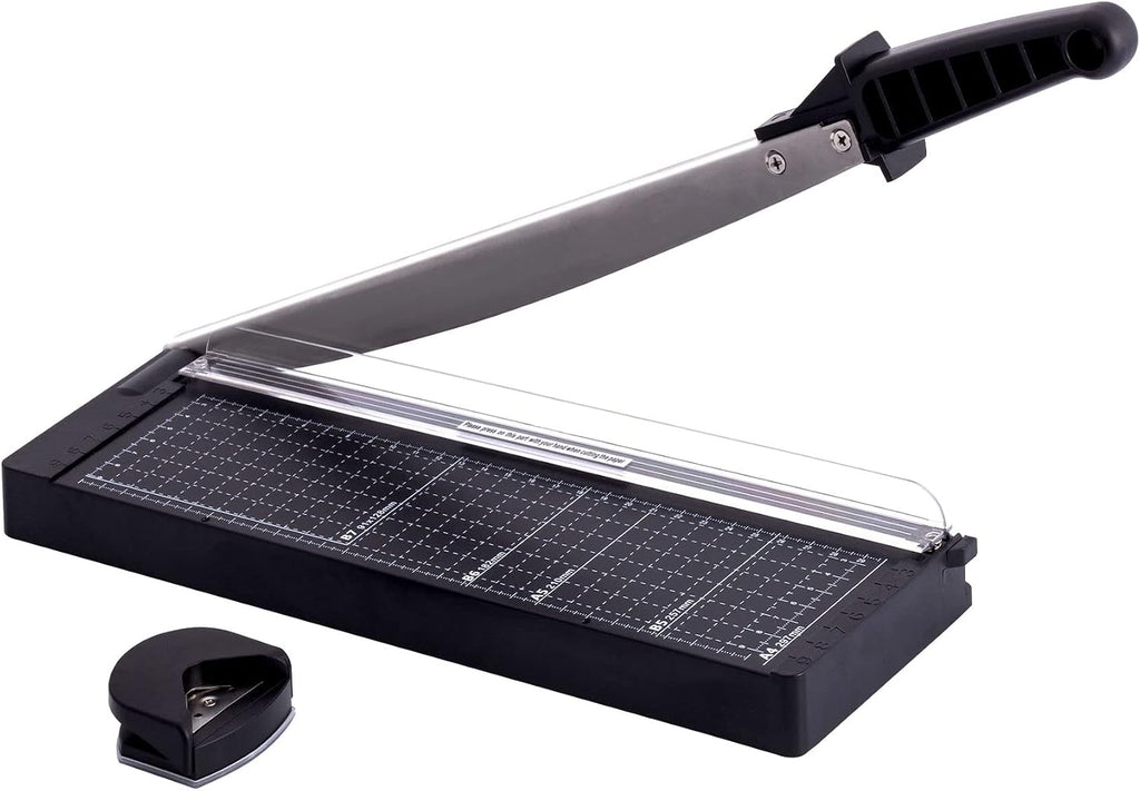 TIANSE Paper Trimmer 12” 8 to 12 Sheet Capacity Paper Cutter Guillotine with Safety Blade Lock Heavy Duty Plastic Base Paper Cutting Board for Home Office School White