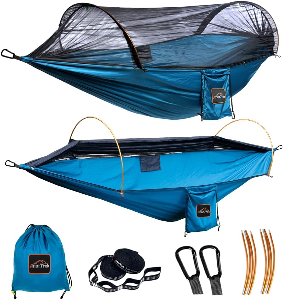 AnorTrek Professional Camping Hammocks with Mosquito Net, Lightweight Double for Camping, Hiking & Backpacking | Includes Two 10 FT Tree Straps, 230T Nylon Design