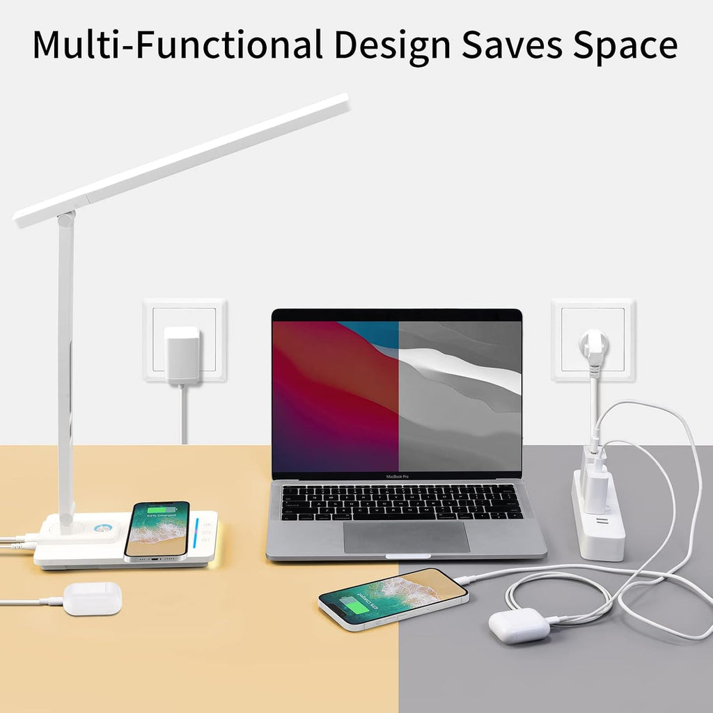 LAOPAO LED Desk Lamp with Wireless Charger: Desk Lamps for Home Office Bedroom, 5 Color Modes & Brightness Dimmable, 2 Night Light