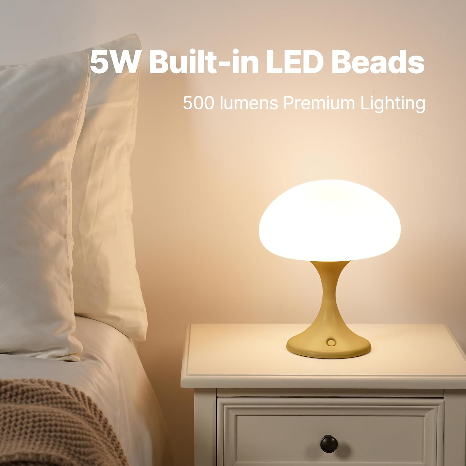 MAGCHARM Mushroom Lamp, 5W LED Cordless Rechargeable Table Lamp with Glass Shade, Small Retro Dimmable Touch Light with 3 Color Temps, Aesthetic Mid Century Bedside Light for Bedroom Ambient, Mustard