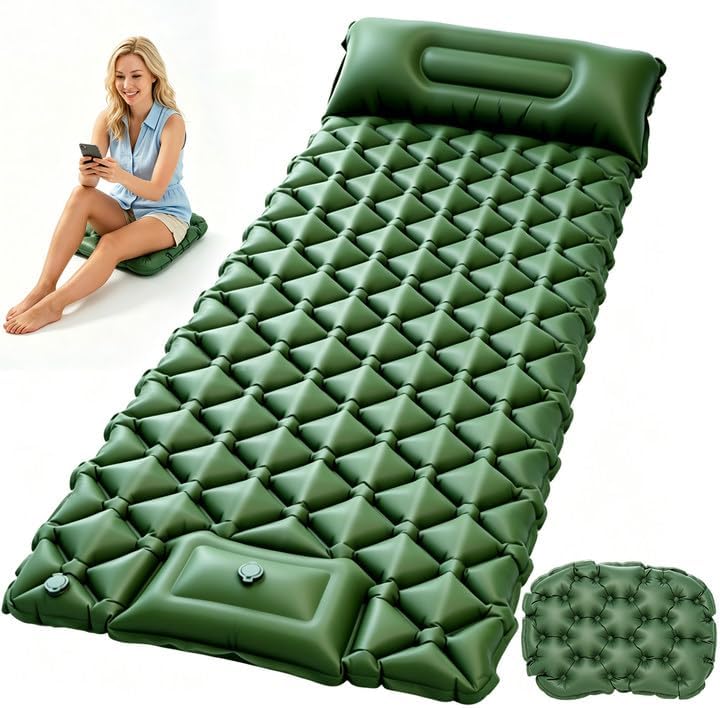 Self Inflating Sleeping Pad for Camping with Seat Cushion, Single, Green