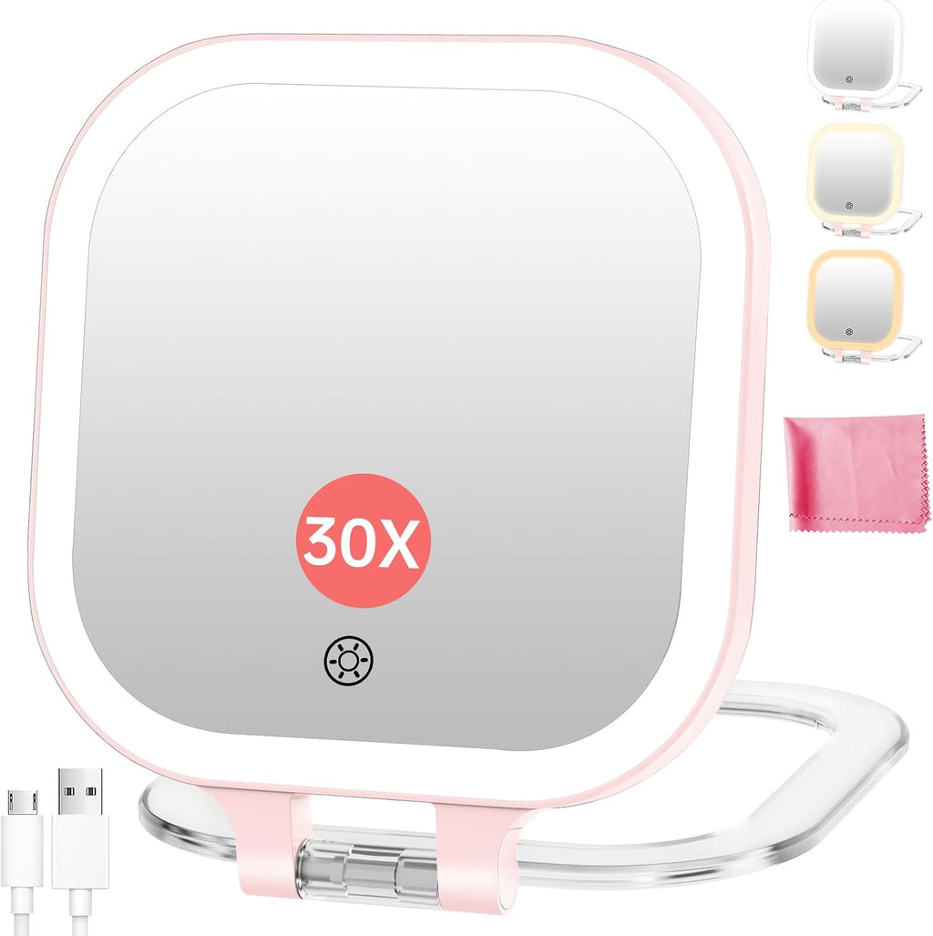 FASCINATE 3.5" Rechargeable Travel Makeup Mirror 30X Magnification (Pink)