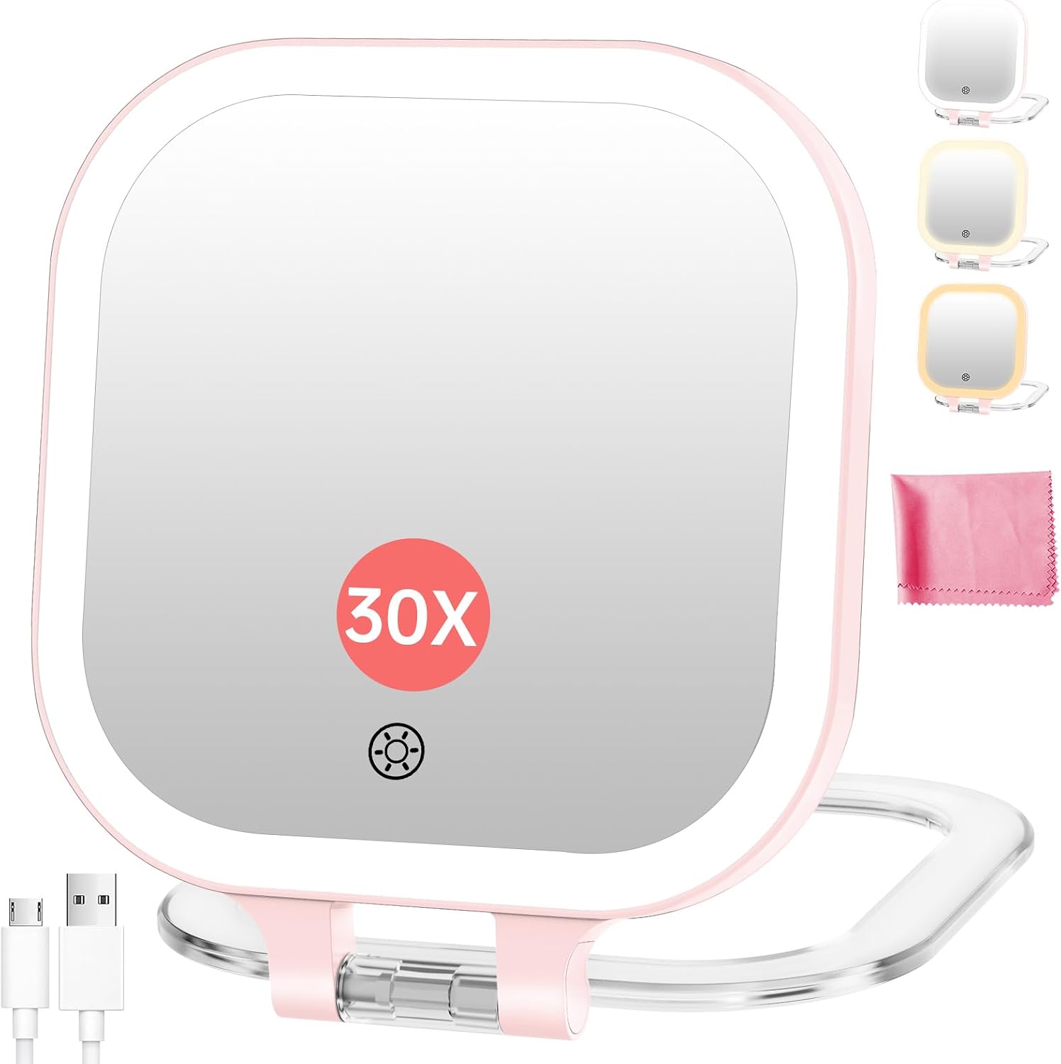 FASCINATE 3.5" Rechargeable Travel Makeup Mirror 30X Magnification (Pink)