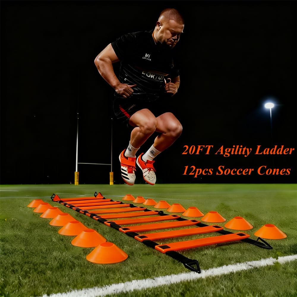 6PCS 6FT Adjustable Soccer Agility Training Poles, Soccer Agility Training Equipment with 20 ft Speed Ladder, 12 Disc Cones and Weighted Jump Ropes, Speed & Agility Turf Training Poles Drills