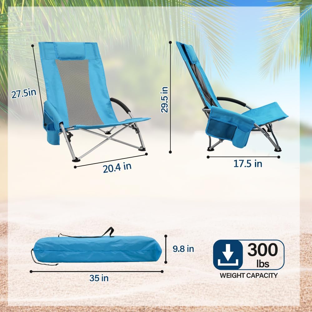 High Back Beach Chairs,2Pack Protable Folding Chair for Adults,Foding Camping Chairs with Carry Bag Cup Holder for Beach,Fishing Outside（Bue）