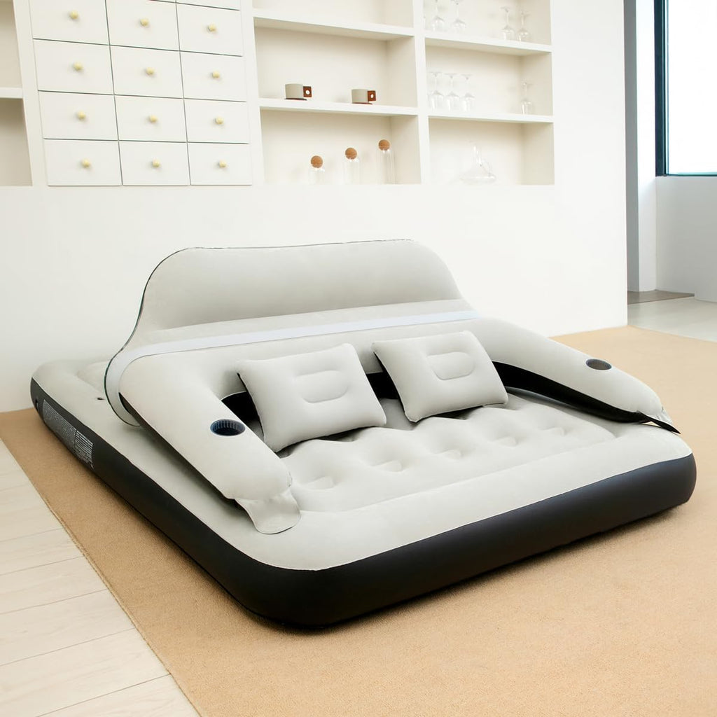 Air Mattress with Headboard and Pillows, Inflatable Blow Up Bed with Flocked Top, Portable Air Bed for Indoor/Outdoor Sleeping Pad for Living Room, Camping, Travel