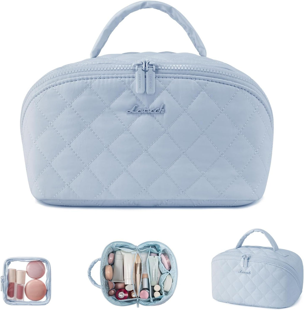LOVEVOOK Travel Makeup Bag for Women, 2Pcs Puffer Waterproof Cosmetic Organizer, Large Capacity Pouch Open Flat Small Toiletry Bag with Brush Compartment & Handle (Black, Medium)