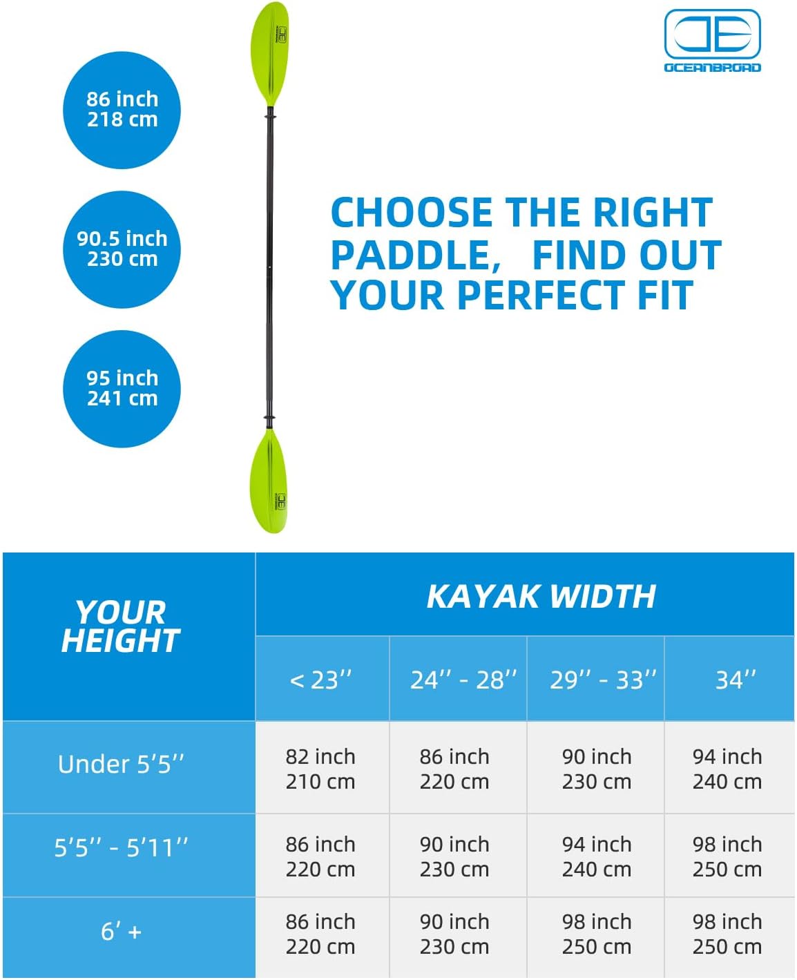 OCEANBROAD Kayak Paddle 86in/218cm, 90.5in/230cm, 95in/241cm Alloy Shaft Kayaking Boating Canoeing Oar with Paddle Leash
