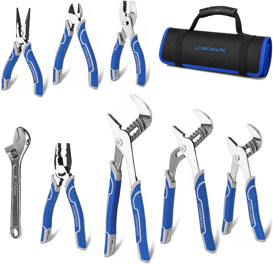 COMOWARE 8Pcs Pliers Set, 12", 10", 8" Groove Joint Pliers, 8" Adjustable Wrench, 8" Linesman, 6" Long Needle Nose, 6" Slip Joint, 6" Diagonal, Roll-Up Pouch Organizer, Rust-proof Black Oxide Coating