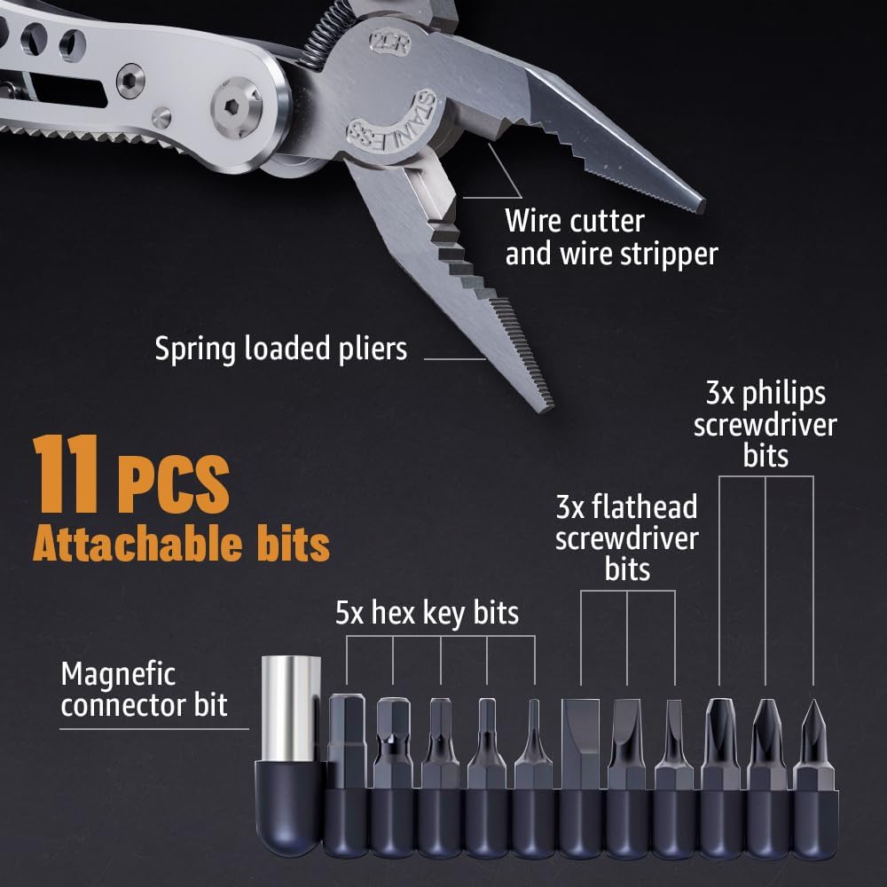 24-in-1 Multitool with Knife, Pliers & 11 Bits Sharp Stainless Steel - Multi Tool for Men - Ideal Gear with Tools for Camping Hiking, Survival, EDC - Best Gifts for Husband Boyfriend 2238