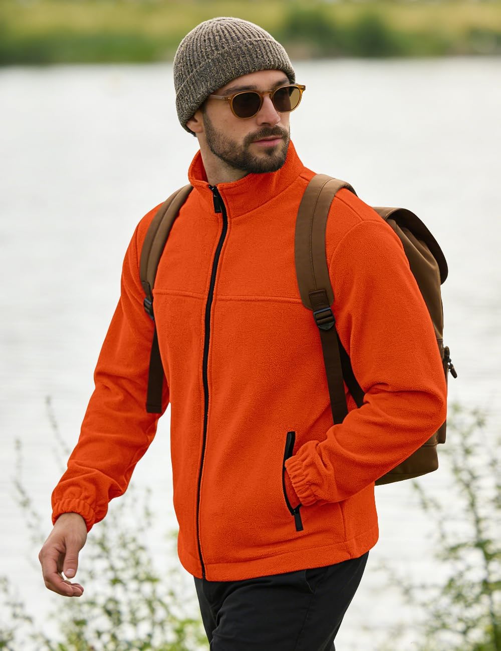 Mens Polar Fleece Jacket Full Zip Lightweight Casual Outdoor Jackets Stand Collar Warm Coats with Pockets