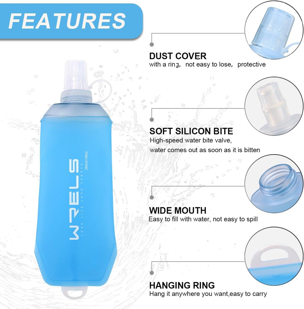 WRELS 200ml/350ml/500ml Collapsible Soft Flask,BPA Free Folding Soft Water Bottle with Hanging Ring,Lightweight TPU Hydration Flask for Running Marathon Cycling Hiking(350ml-2 Packs)