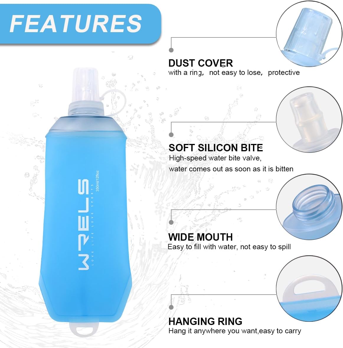 WRELS 200ml/350ml/500ml Collapsible Soft Flask,BPA Free Folding Soft Water Bottle with Hanging Ring,Lightweight TPU Hydration Flask for Running Marathon Cycling Hiking(350ml-2 Packs)