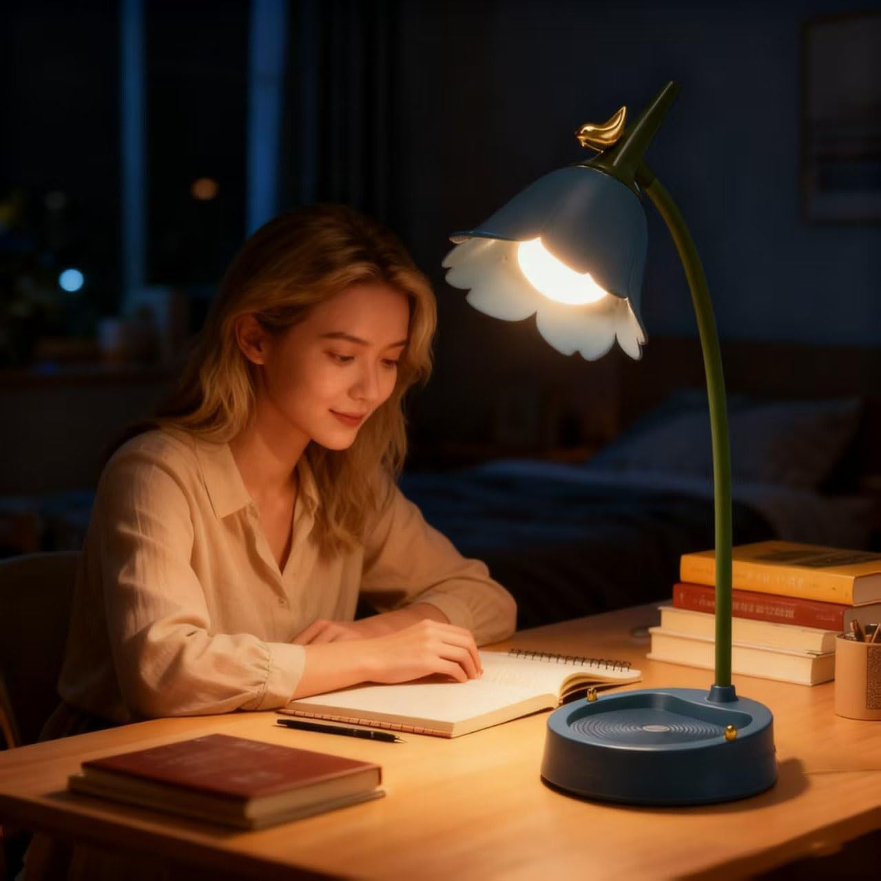 magical JD LED Desk Lamp Cordless Table Light Adjustable Gooseneck Dimmable Touch Rechargeable Battery Eye-Caring Night Light for Kids, Mini Cute Lamp for College Dorm Bedroom Reading (Blue)