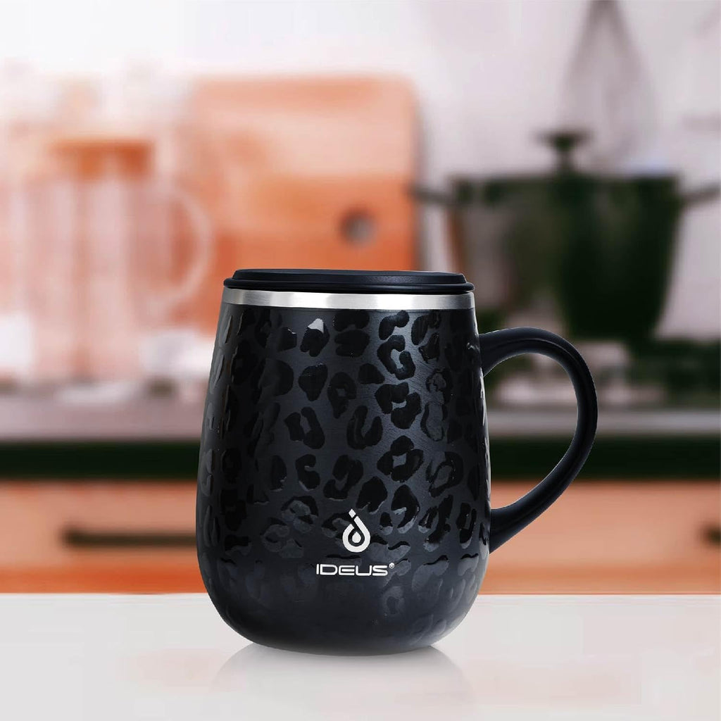 Ideus 16 oz Insulated Coffee Mug with Lid and Handle (Leopard Black)