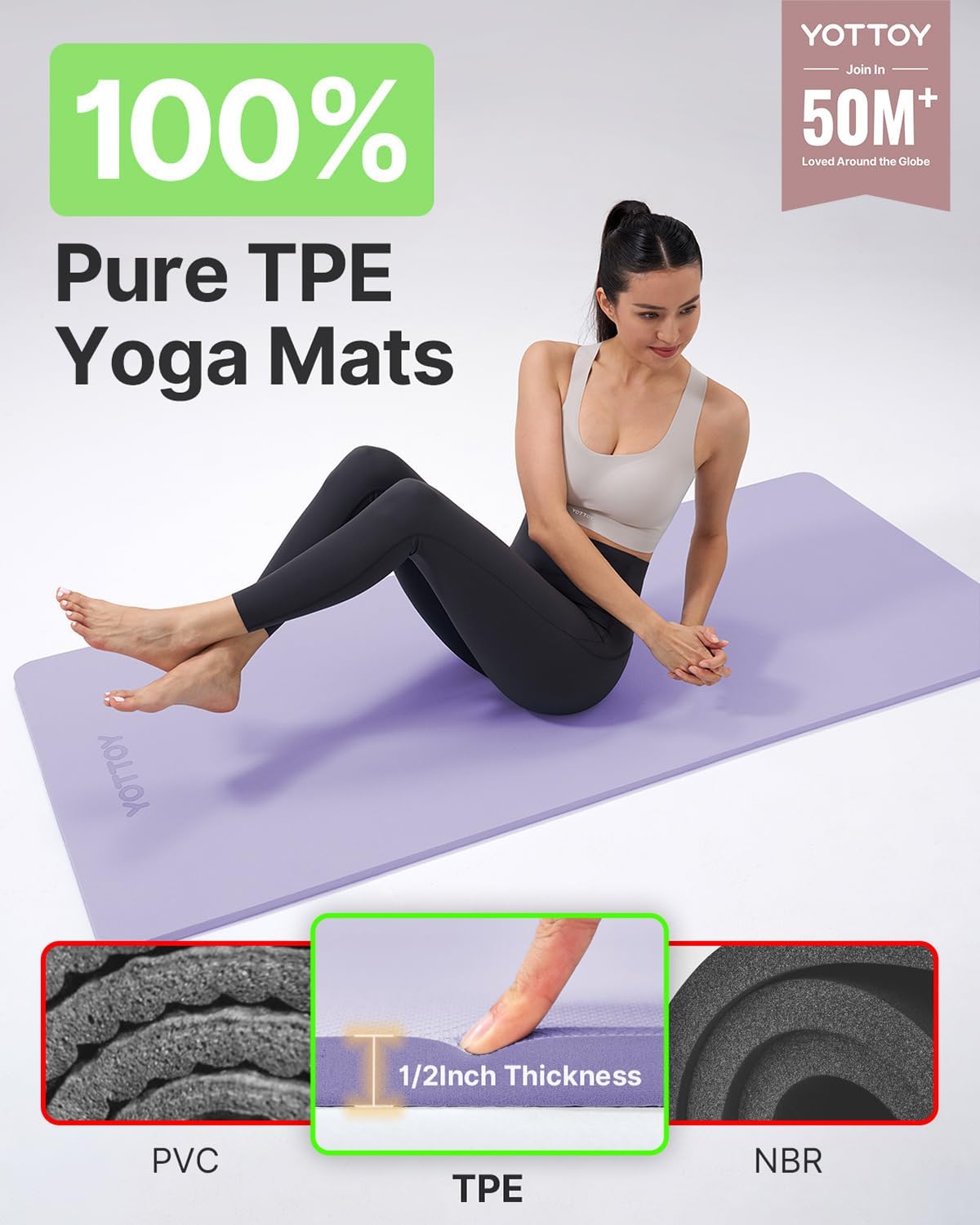 YOTTOY Yoga Mat，Extra Thick Yoga Mat (1/2inch),Professional TPE Exercise Mat,Non-Slip Workout Mat for Yoga, Pilates, Fitness, Barefoot Workouts, Home Gym Studio with Strap