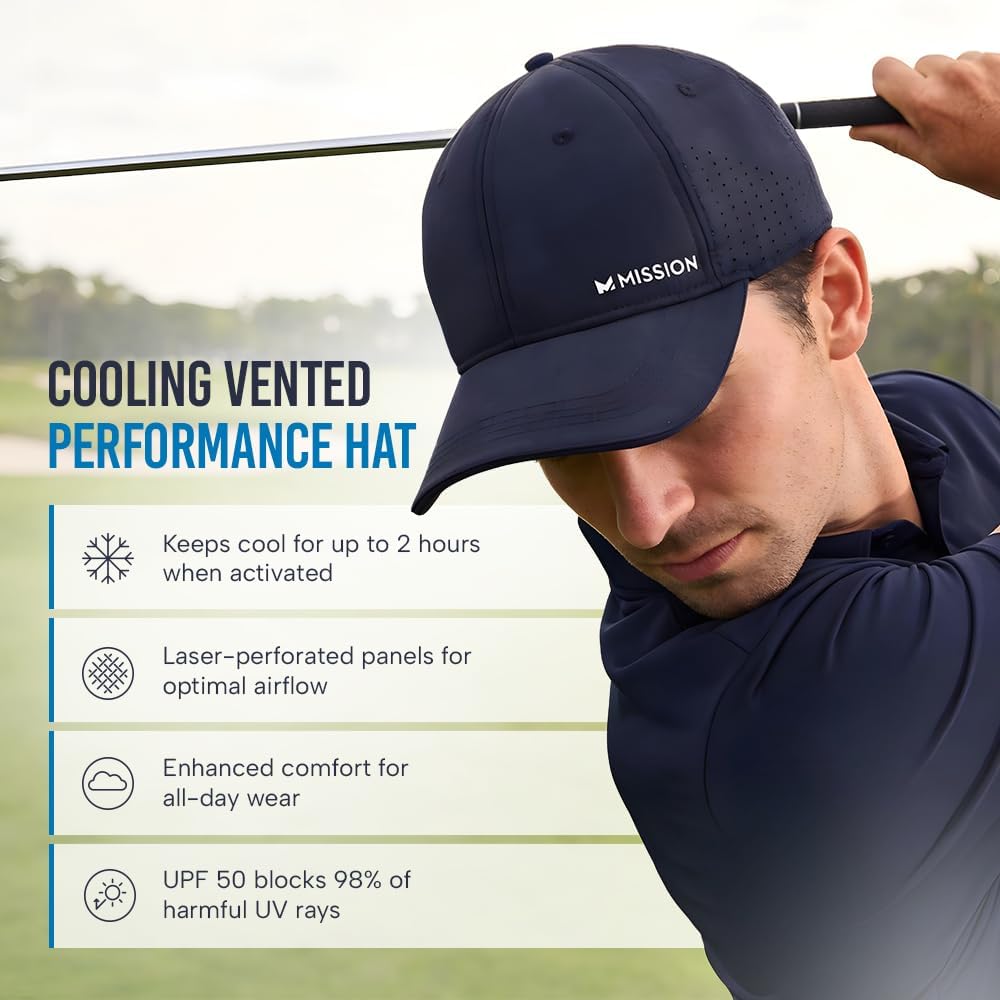 MISSION Cooling Vented Performance Hat Unisex Cap for Workouts, Golf & Running, Sweat & Water Activated Technology