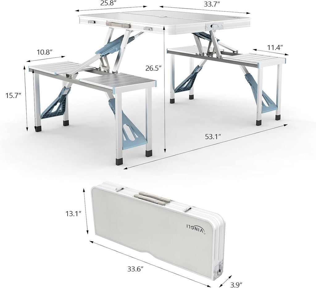 VINGLI 4Ft Folding Camping Picnic Table with Seats/Umbrella Hole-265 Lbs Support that Lightweight and Fold Up Card Suitcase Table Aluminum Alloy Frame, RV Tabletop with Soft Handl