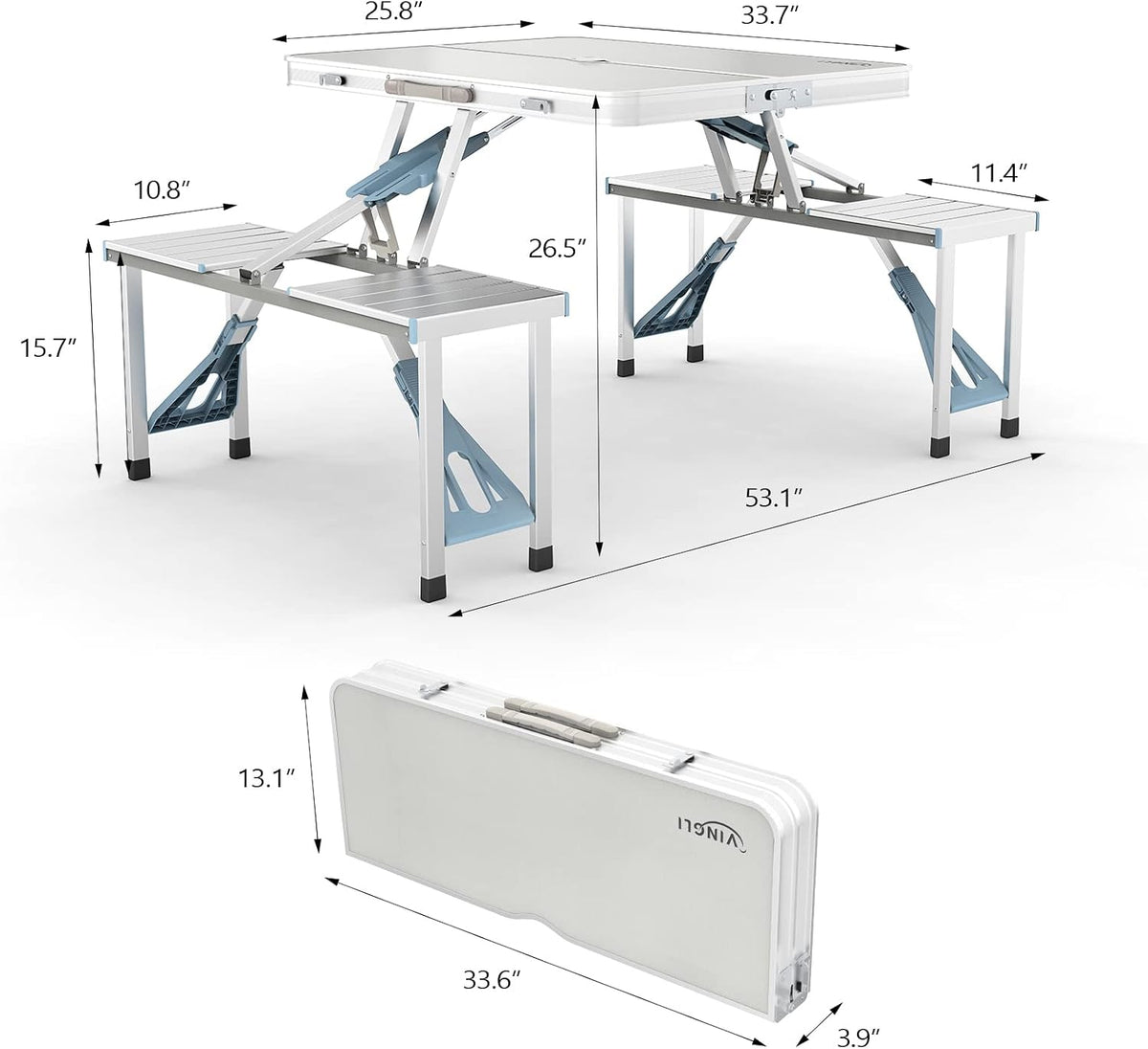 VINGLI 4Ft Folding Camping Picnic Table with Seats/Umbrella Hole-265 Lbs Support that Lightweight and Fold Up Card Suitcase Table Aluminum Alloy Frame, RV Tabletop with Soft Handl