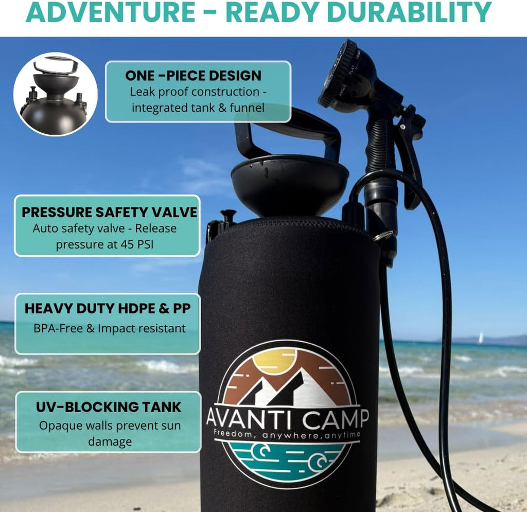 2.1 Gallon Pressurized Portable Camping Shower | 10-Mode Spray Head | Premium Neoprene Insulated Sleeve & Padded Shoulder Strap | Rinse Kit for Surf, Sand, RV, Road Trips & Pets | Black