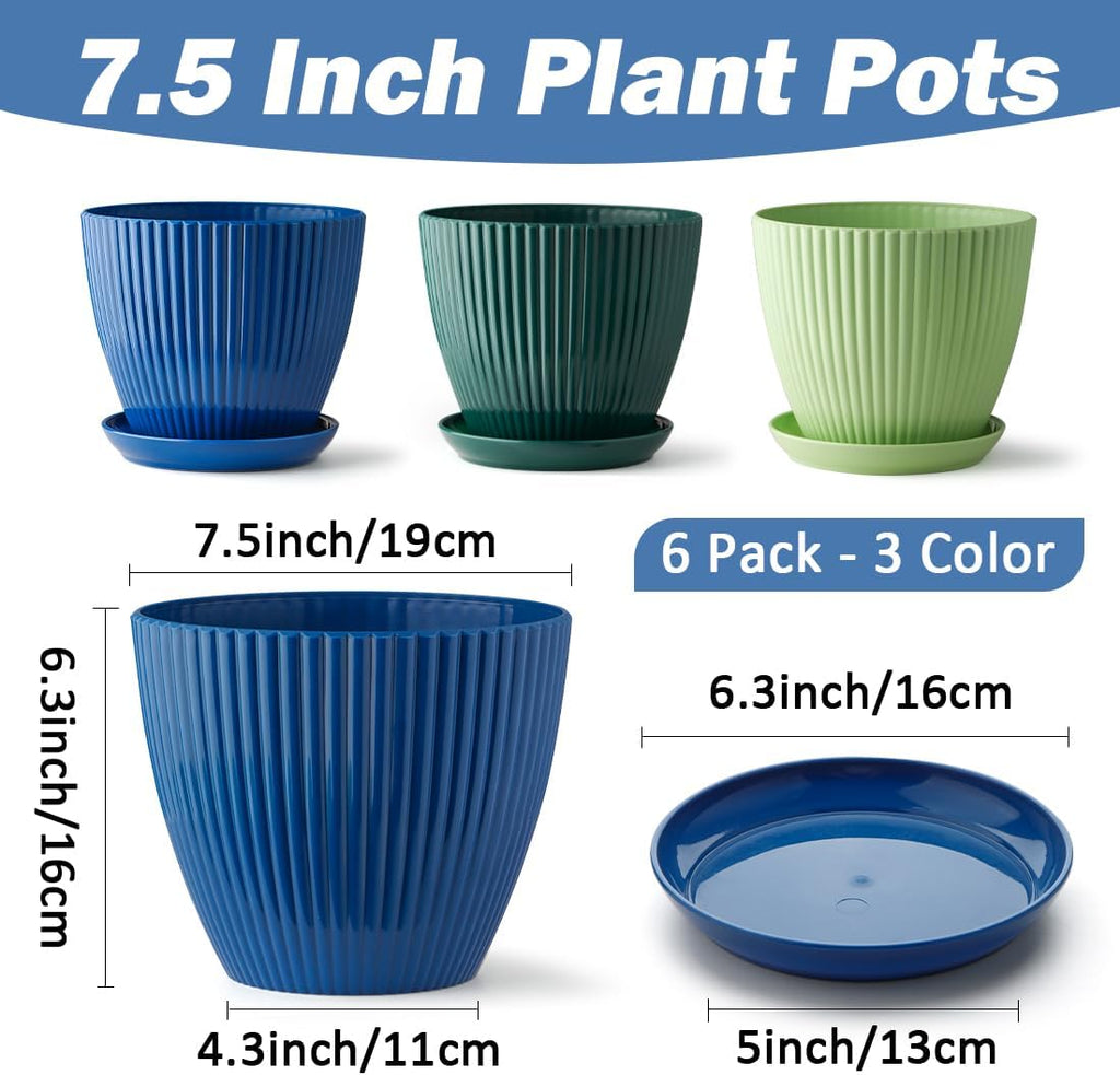 RooTrimmer 7.5 Inch Plastic Pots, 6 Pack with Drain Holes & Saucers