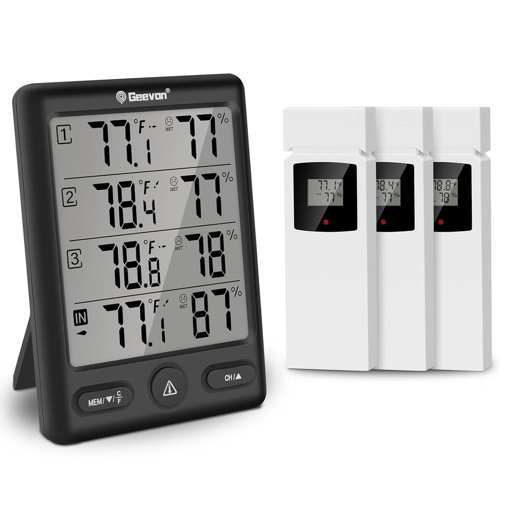 Geevon Indoor Outdoor Thermometer Wireless with 3 Remote Sensors, Digital Hygrometer Thermometer, Wireless Temperature Humidity Monitor Gauge with 200FT/60M Range