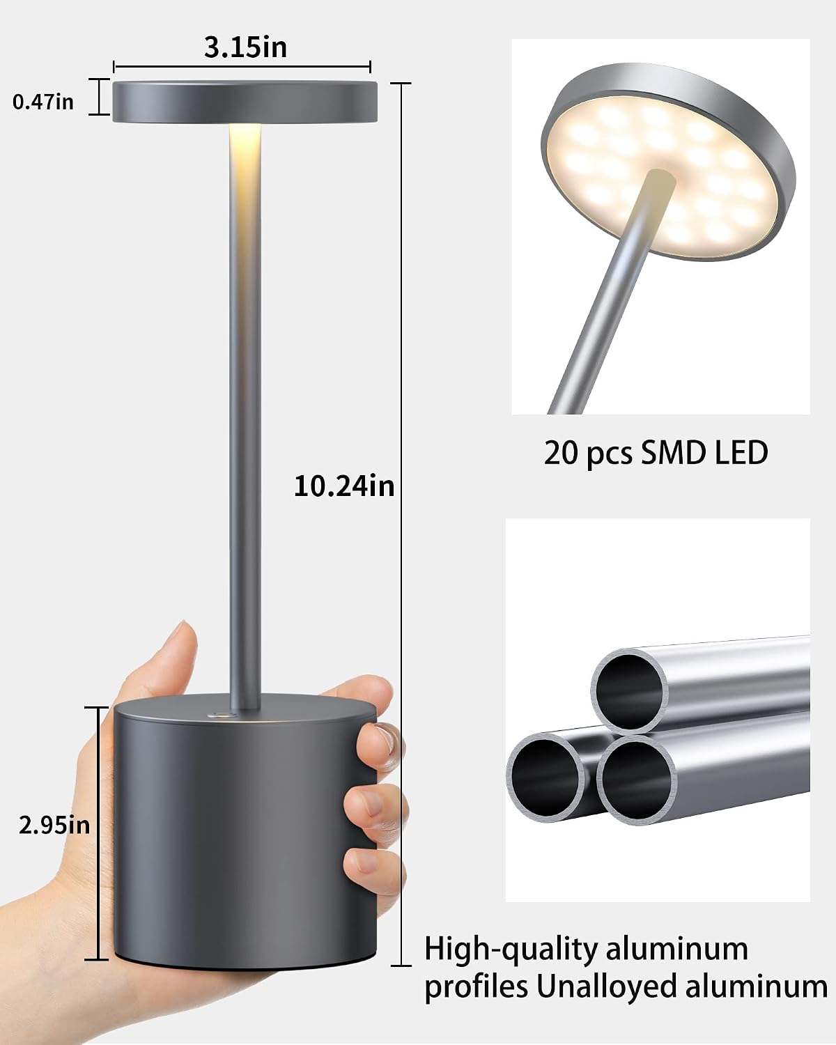 2Pack Cordless Table Lamp, Rechargeable LED Battery 5000mAh Metal USB Portable Powered Desk Lamp, 3 Levels Brightness Light for Restaurants Outdoor (2pack 10.25in Grey)