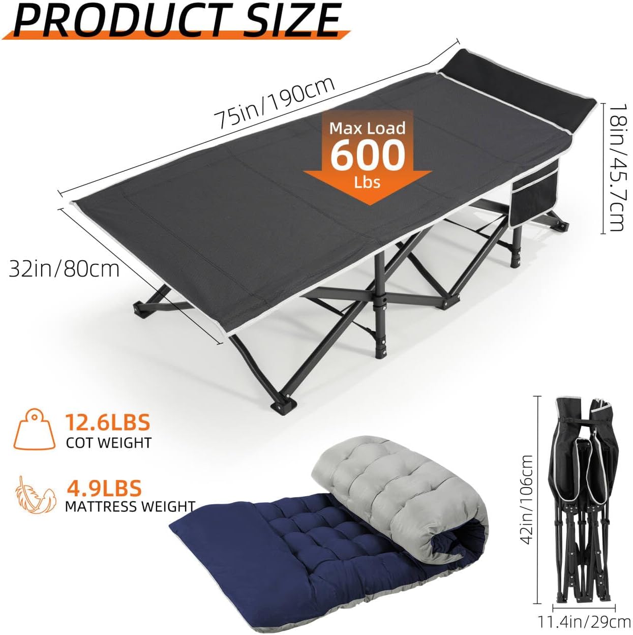 Fragess Portable Camping Cot, 32" Extra Wide Camping Cots for Everyone with Thick Cushion, Heavy Duty Sleeping Cot Holds Up to 600LBS, Cots for Sleeping, Rv, Beach, Patio, Office Naps(Blue)