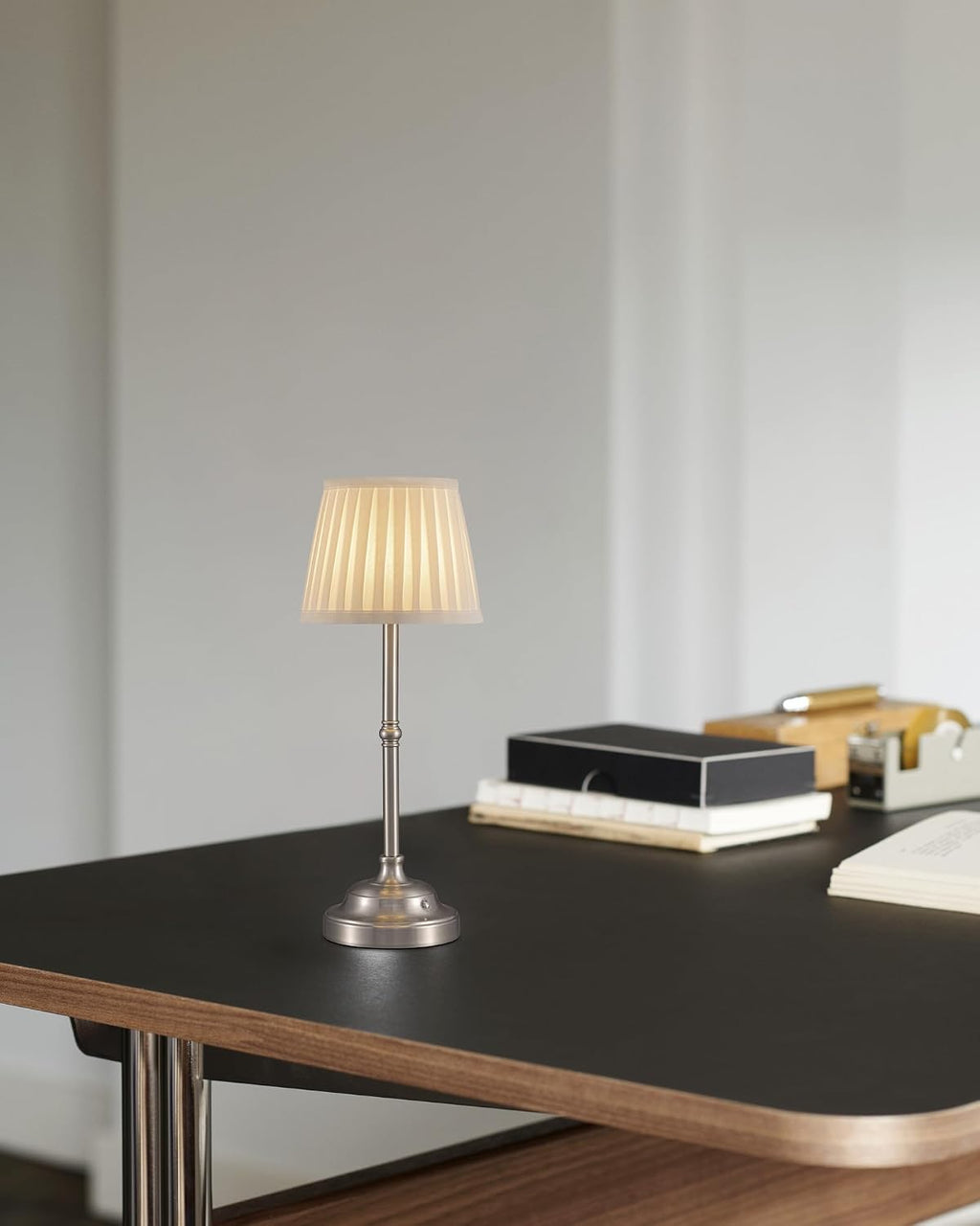 KDG Nickel Cordless LED Table Lamps Set of 2, Green Fabric Shade Desk Lamps