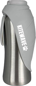 Kitewave Portable Dog Water Bottle, 27 oz Stainless Steel Pet Water Bottle with Flip-Up Leaf Bowl, Leakproof One-Press Dispenser for Walking, Hiking & Travel, BPA-Free, All Dog Breeds (Silver)