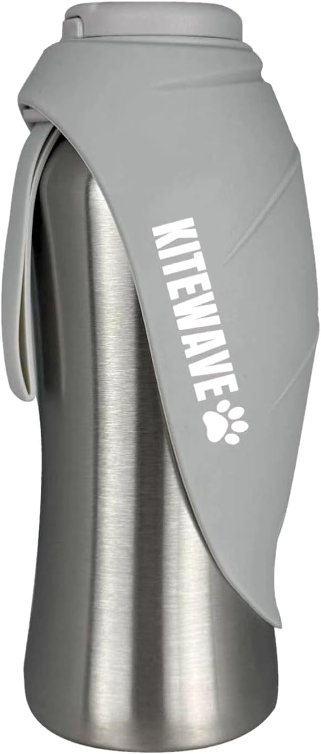 Kitewave Portable Dog Water Bottle, 27 oz Stainless Steel Pet Water Bottle with Flip-Up Leaf Bowl, Leakproof One-Press Dispenser for Walking, Hiking & Travel, BPA-Free, All Dog Breeds (Silver)