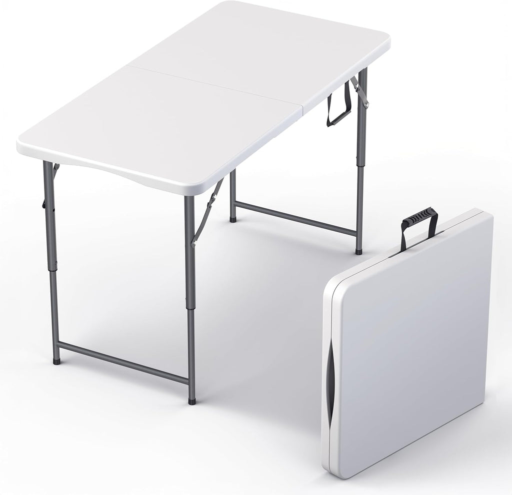 4 Feet Foldable Table Adjustable Height with Built in Handle, Steel Legs | 4FT Heavy Duty Portable | Perfect for Party Dining Wedding Events Picnic Indoor Outdoor Camping Utility Folding - 4 Foot