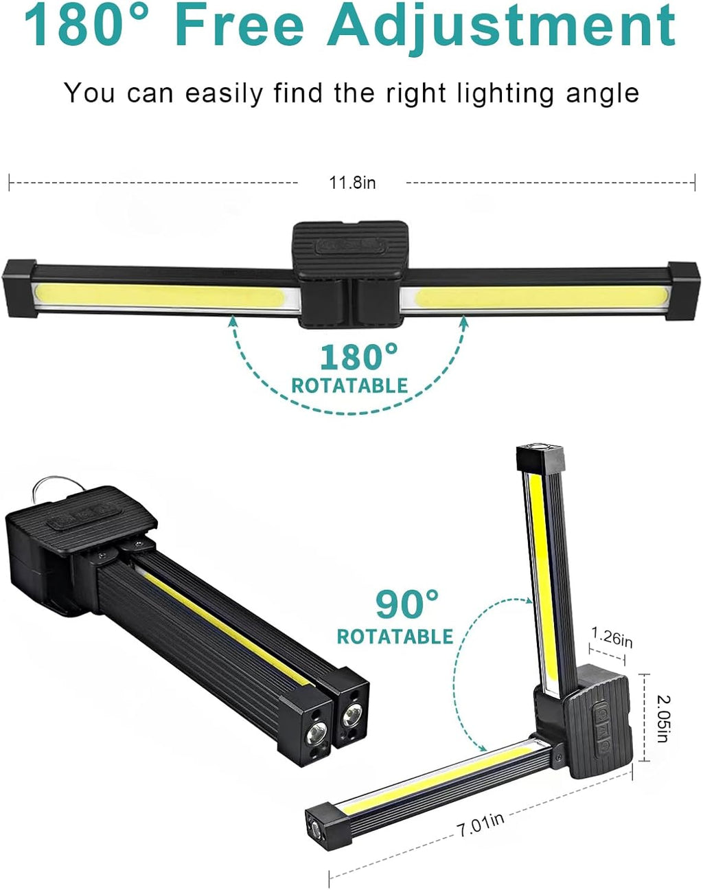 Gym Lamp, Portable Gym Lighting for Posing, Magnetic Work Light Rechargeable, 180°Rotate Foldable Camping Lamps with Hang Hook, Hiking Handheld LED Flashlight - Black