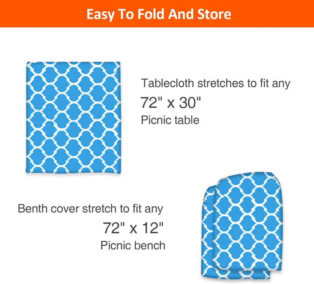 6ft 72in Picnic Table and Bench Cover, 3 Pack, Blue-White Moroccan