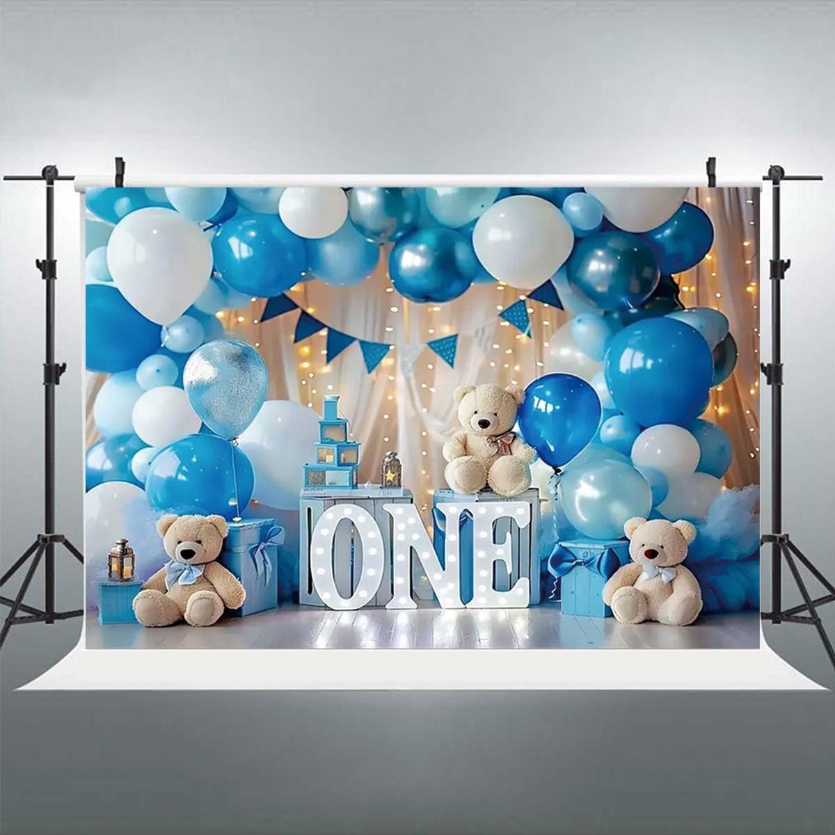 Hot Air Balloon Cloud Star Bear Travel Birthday Backdrop for Photography, Blue-02, 7x5feet, Vinyl Fabric, Baby Shower & Birthday Occasion