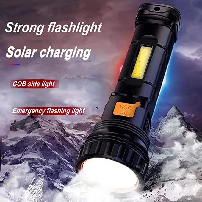 E-SHIDAI 4pcs Solar/Rechargeable Multi Function 1000 Lumens LED Flashlight, with Emergency Strobe Light and 1200 Mah Battery, Emergency Power Supply and USB Charging Cable, Fast Charging (4PC)