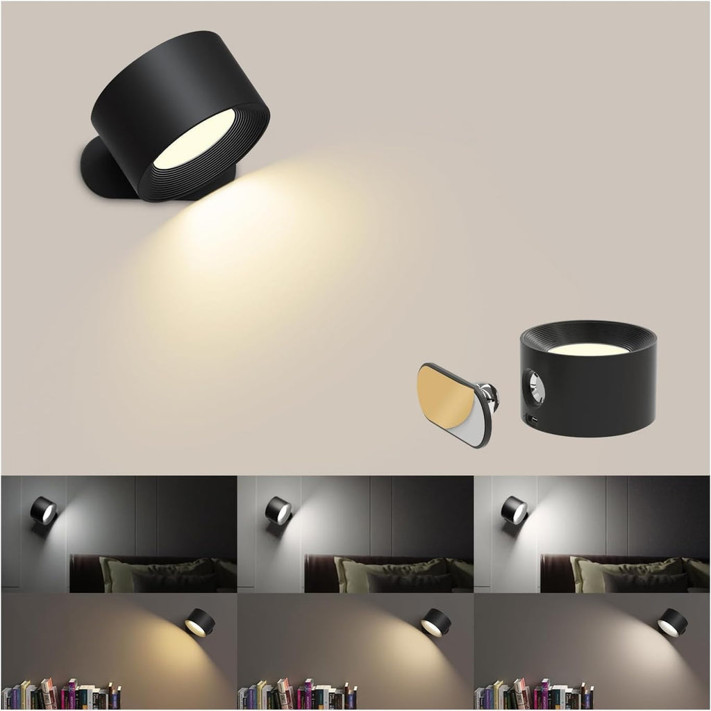 AKSDA Battery Operated Wall Sconce, LED Reading Light, 360-Degree Rotation Magnetic Mounting Rechargeable Cordless Wall Lights with Dimmable 3 Color Temps Touch Control for Bedroom Hallway, 1 Pack