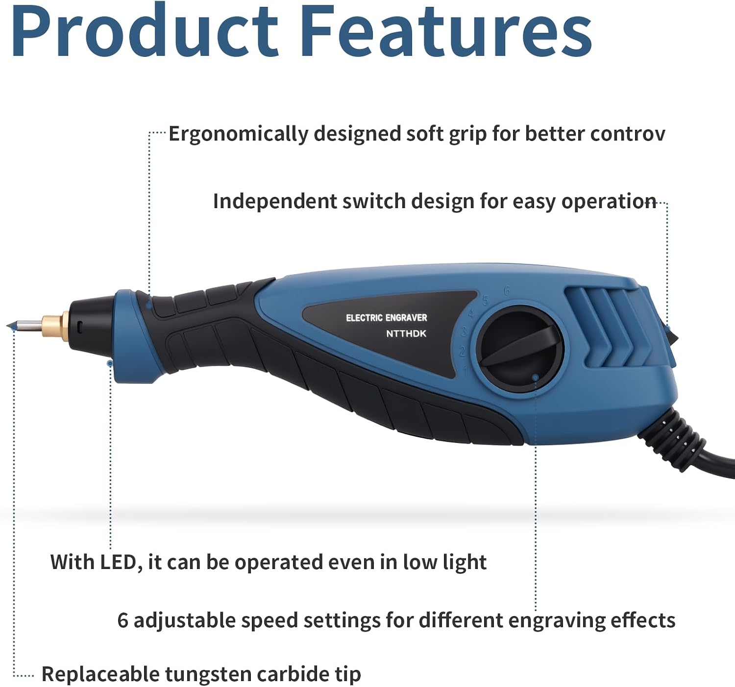 Engraver Pen, 25W 6 Speed Engraving Pen for Metal, Wood, Glass and Plastic, Handheld Engraving Etching Tool with Tungsten Carbide Steel Bit and Hex Key