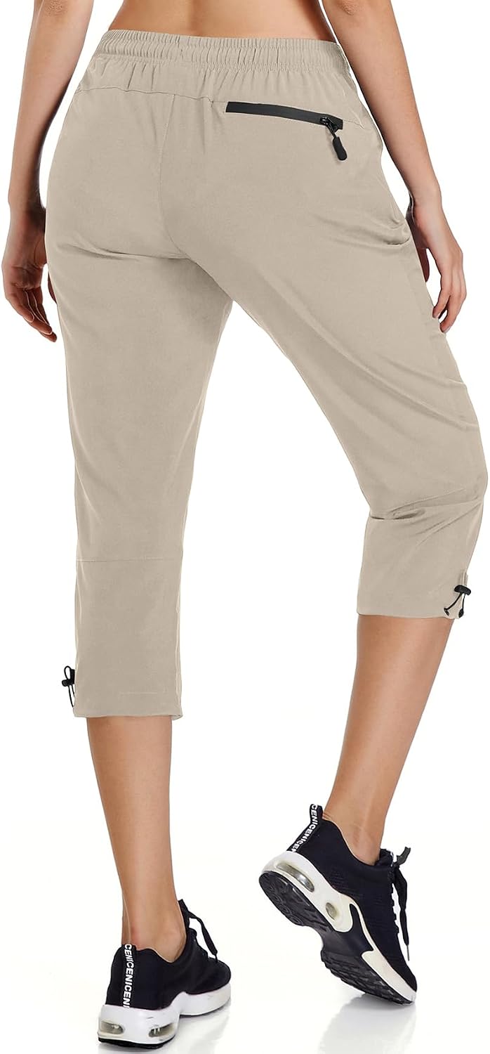 Ksmien Women's Hiking Cargo Capri Pants Quick Dry with Zipper Pockets