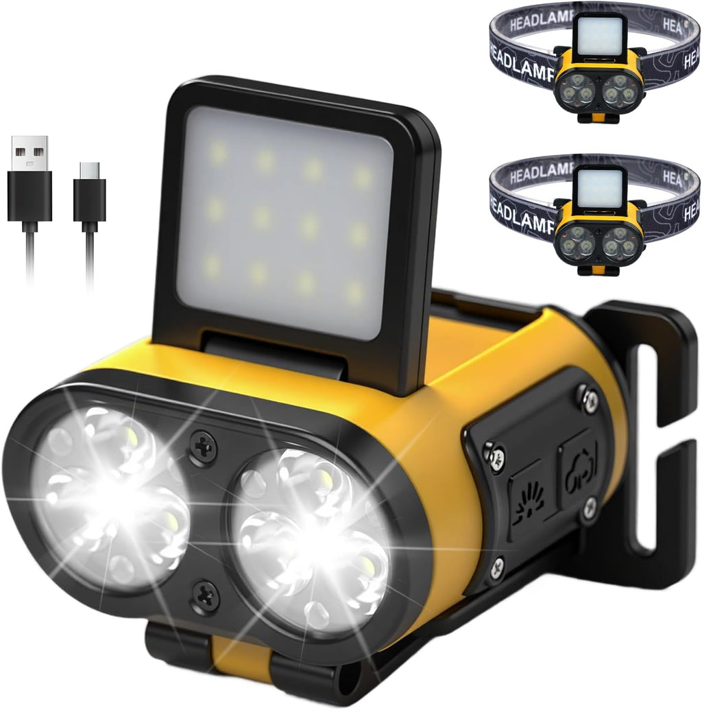 Foleto 2 Pack LED Hard Hat Light, 900LM Rechargeable Dimmable Clip on Cap Lights (Yellow)