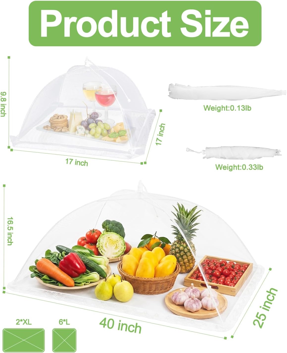 Food Covers for Outside - 2 Extra Large (40 x 25 in) & 6 Large (17 x 17 in) Pop-Up Umbrella Screen Tents- Breathable Outdoor Mesh Food Covers & Picnic Essentials - Collapsible Mesh Food Tent