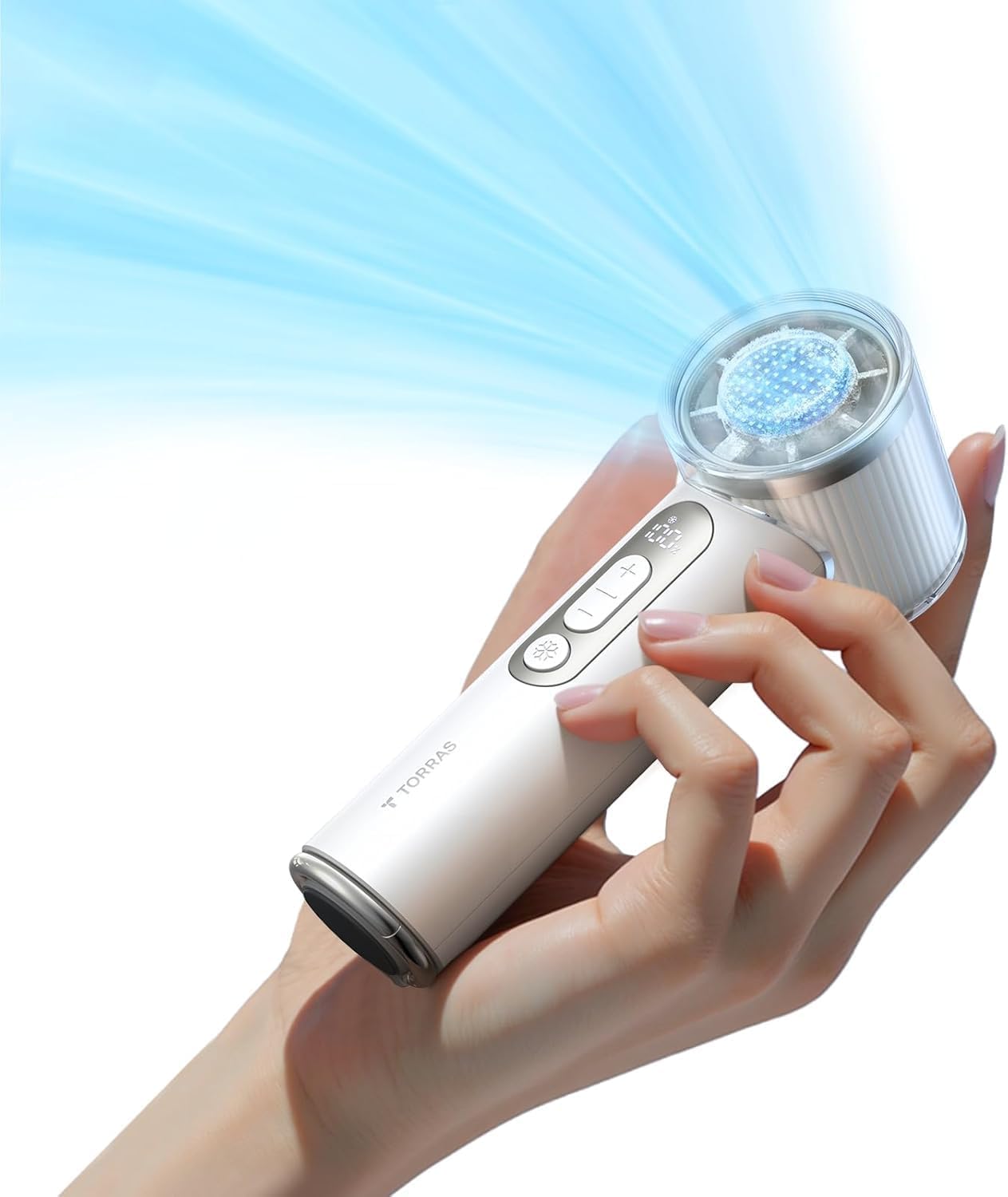 TORRAS COOLiFY iva Handheld Fan with Ice Cooler, [Chill by 50°F], 0-100 Adjustable Speed, Super Mini Powerful Portable Fan 4900mAh Rechargeable, Hand Fans for Travel Essentials,Mothers Day Gifts,Ivory